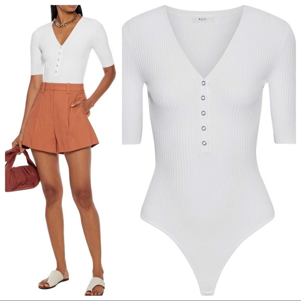 A.L.C. White Toni Ribbed-Knit Bodysuit Size XS Snap Button - Picture 3 of 15